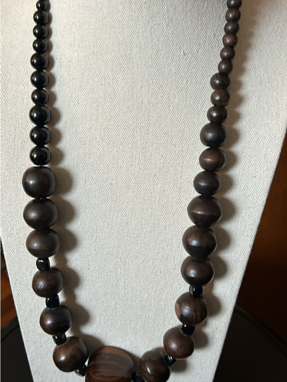 Wood Wood Dark Brown and Black Wooden Bead Necklace with Center Accent
